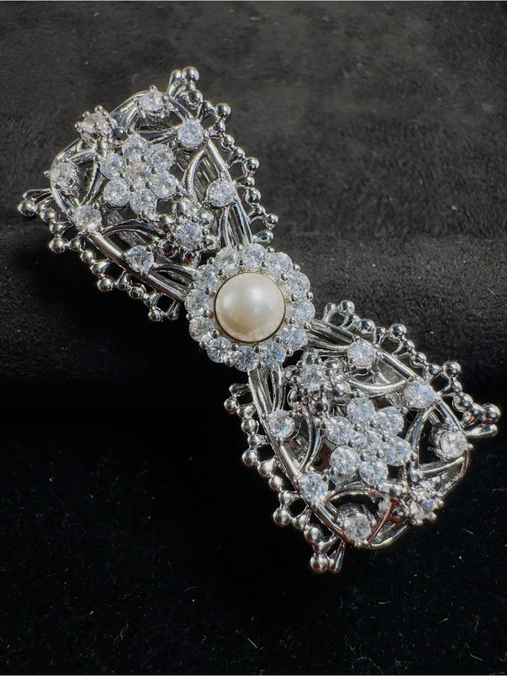 Silver Pearl & Crystal Bow Hair Clip- Women's Jewelry